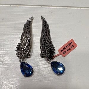 NWT Clip On Silver Wing Earrings with Blue Gem
